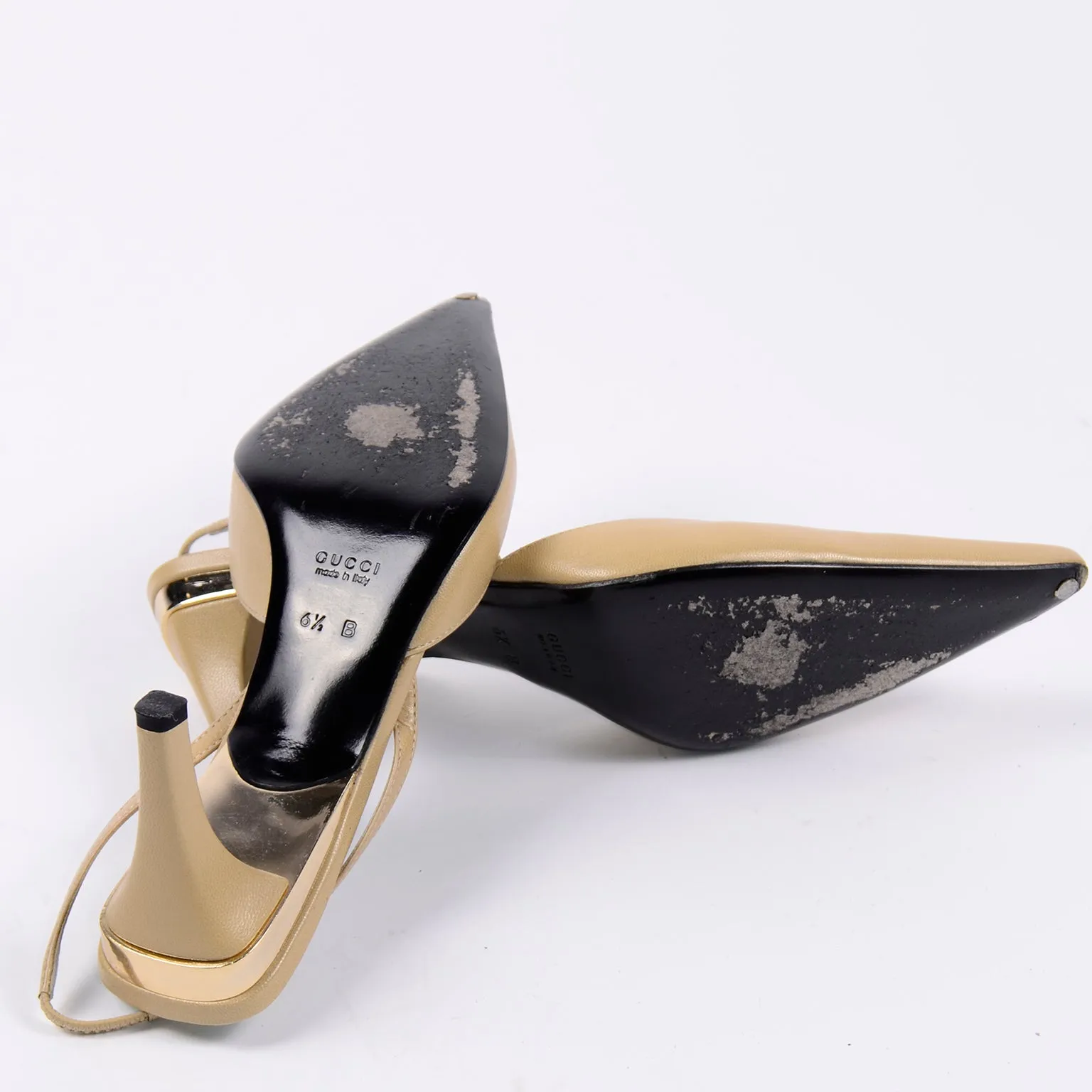 Gucci Slingback Beige Tan Leather Heels With Gold Bands 6.5