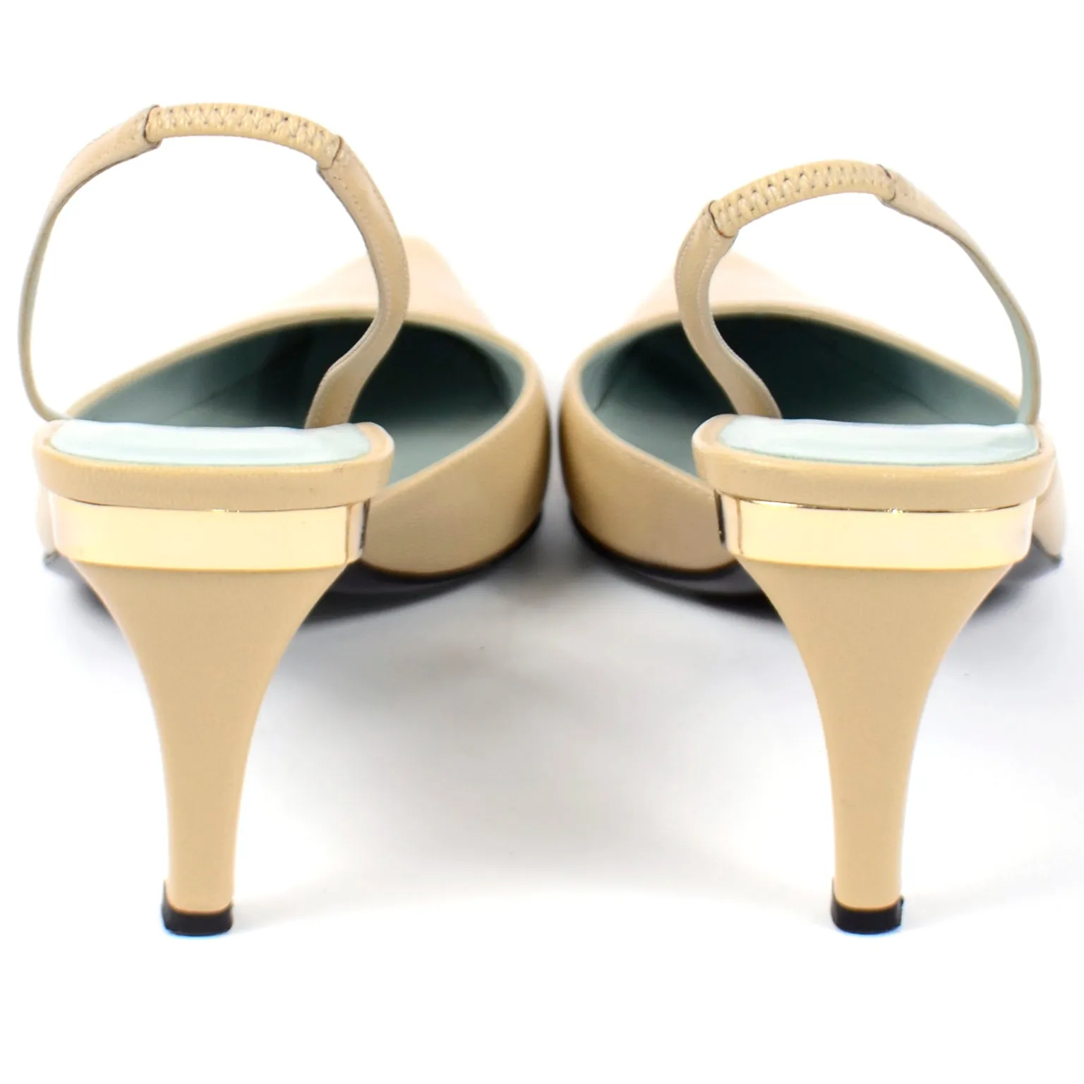 Gucci Slingback Beige Tan Leather Heels With Gold Bands 6.5