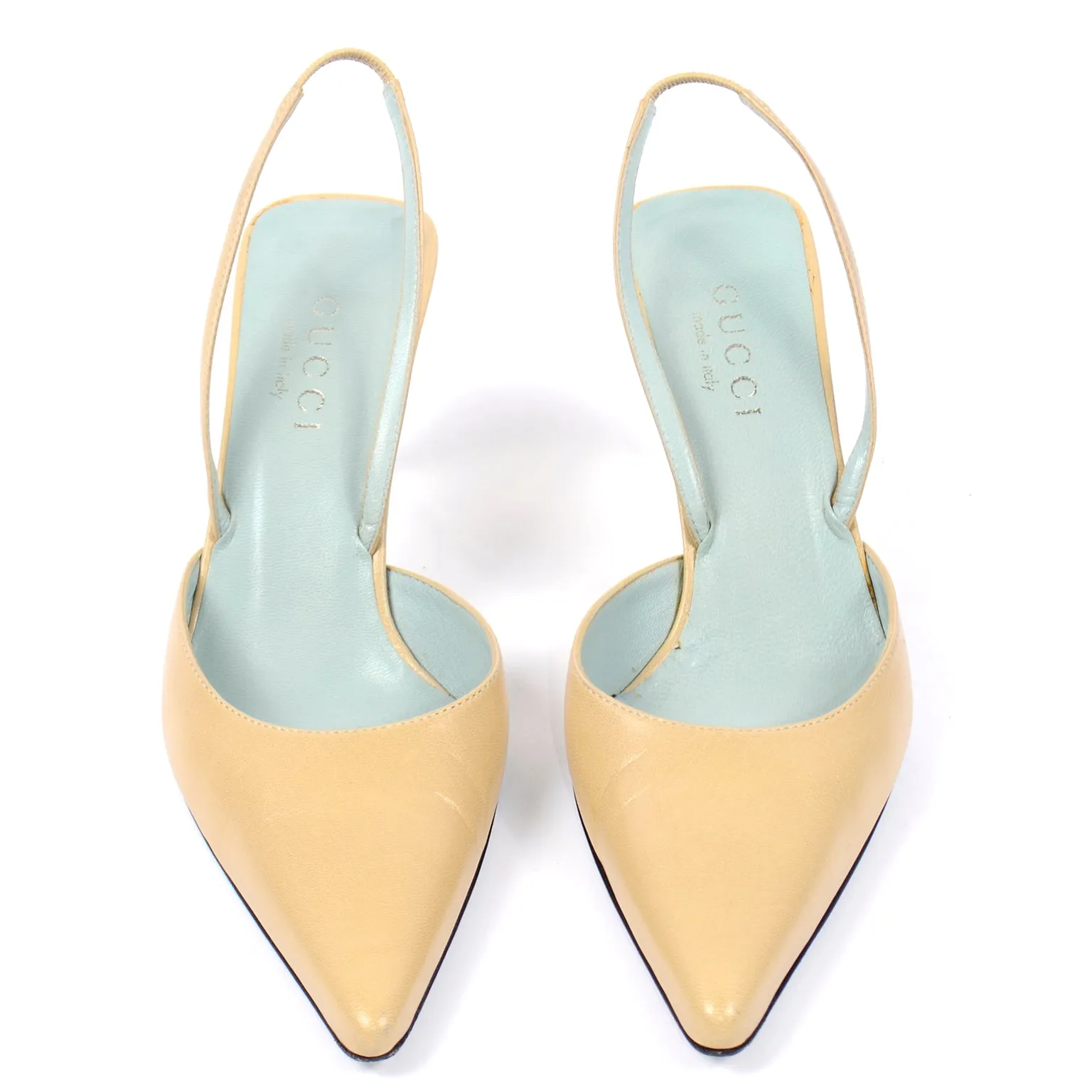 Gucci Slingback Beige Tan Leather Heels With Gold Bands 6.5