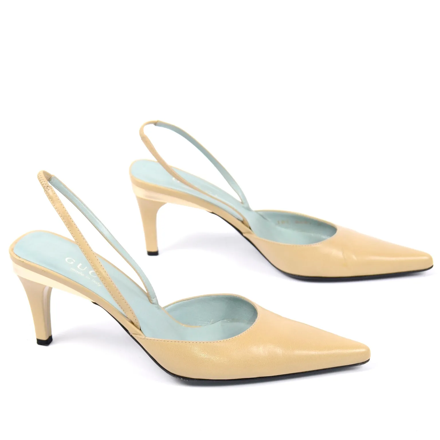 Gucci Slingback Beige Tan Leather Heels With Gold Bands 6.5