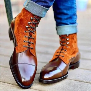 Handmade Brown Leather and Tan Suede Ankle Boots With Laceup Closure