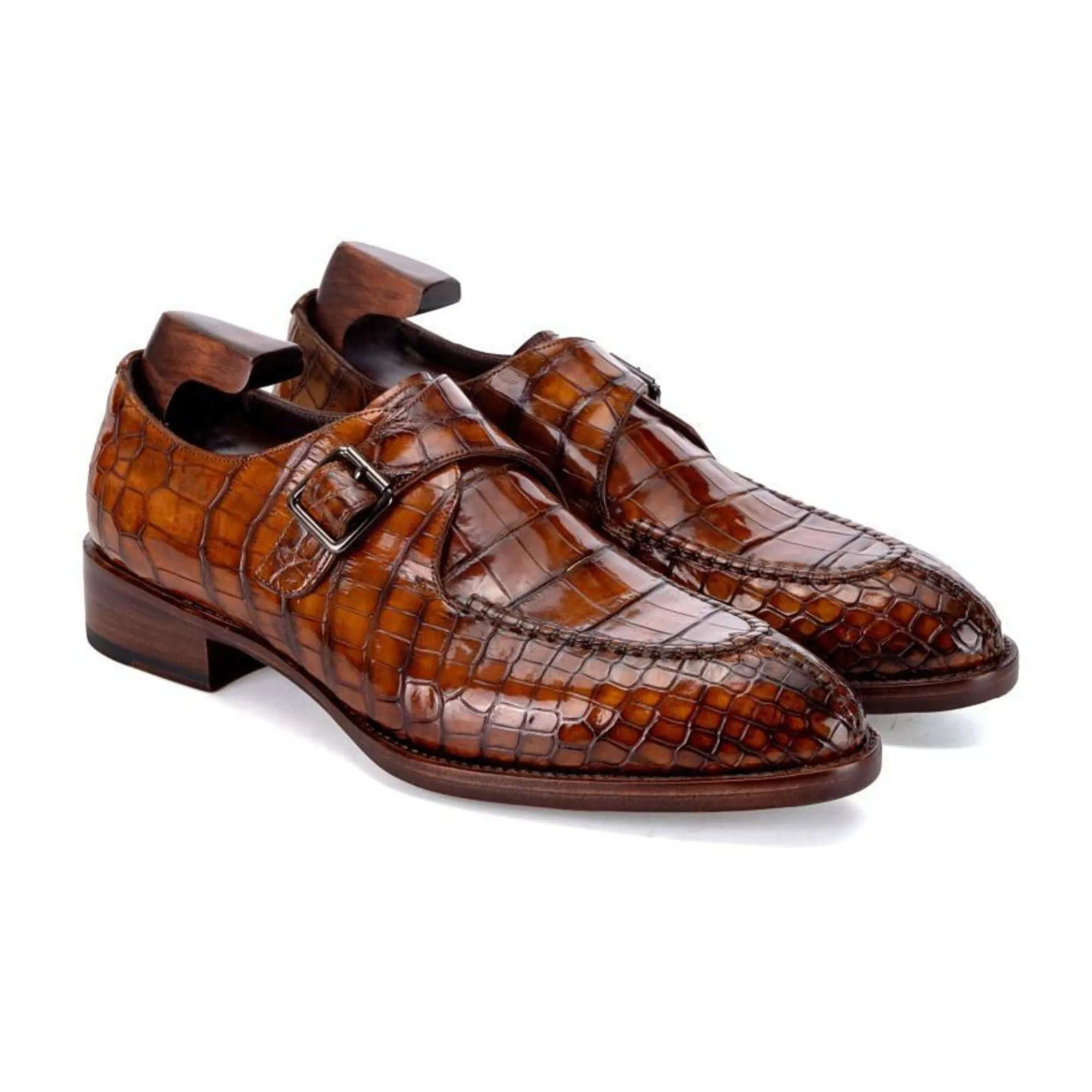Handmade Custom Men's Crocodile Pattern Leather Single Monkstrap Shoes