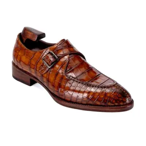 Handmade Custom Men's Crocodile Pattern Leather Single Monkstrap Shoes