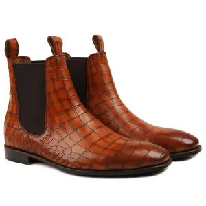 Handmade Customisable Crocodile Pattern Leather Brown Chelsea Boots For Men