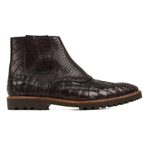 Handmade Customisable Dark Brown Crocodile Pattern Leather Men Chelsea Boots