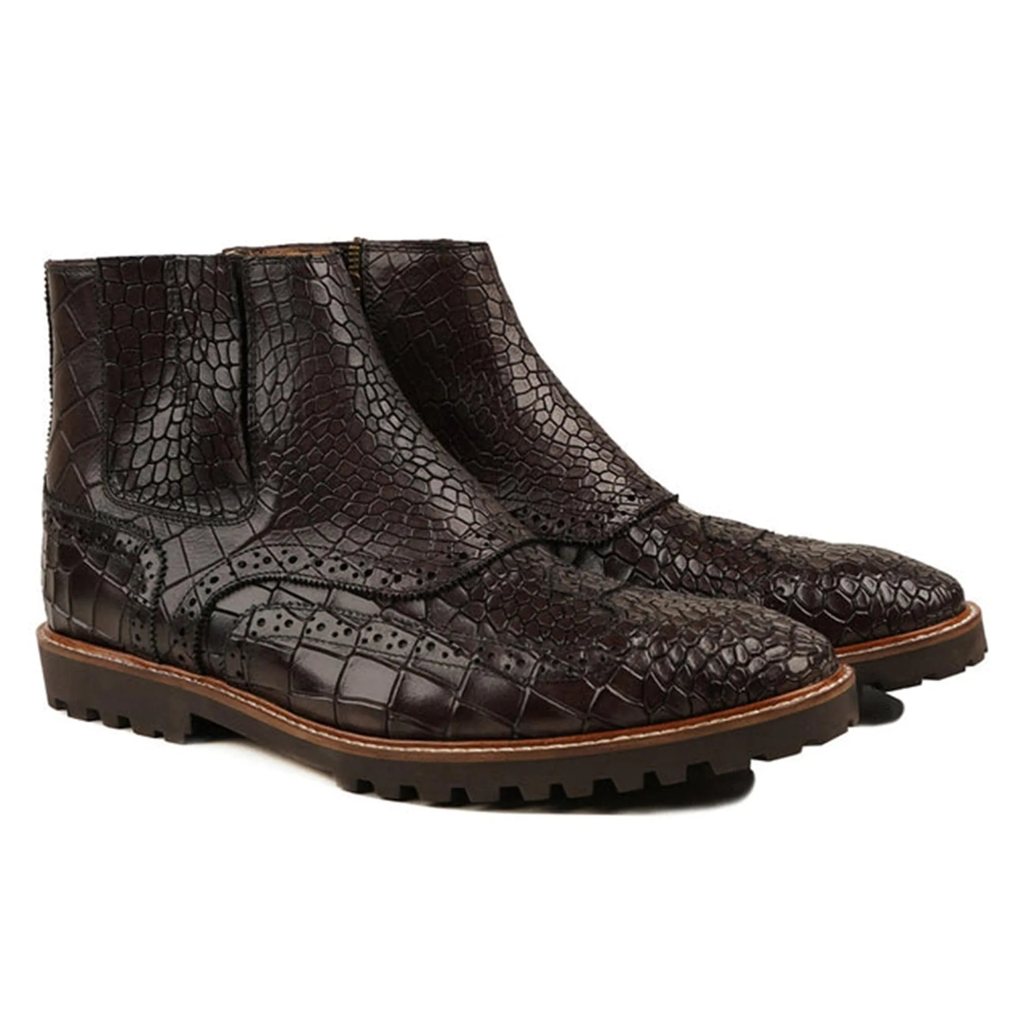 Handmade Customisable Dark Brown Crocodile Pattern Leather Men Chelsea Boots