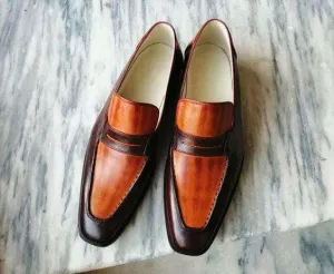 Handmade Men's Tan Brown Leather Penny Loafers