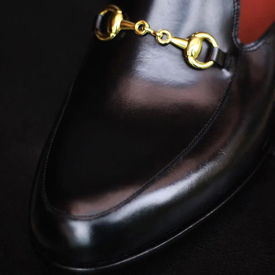 Height Increasing Black Leather Leiria Horsebit Slippers
