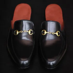 Height Increasing Black Leather Leiria Horsebit Slippers