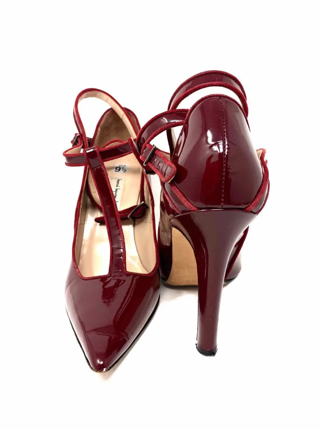 Henri Lepore Dezert Carmela Women's Red Pointed Patent Leather T-Strap Pumps