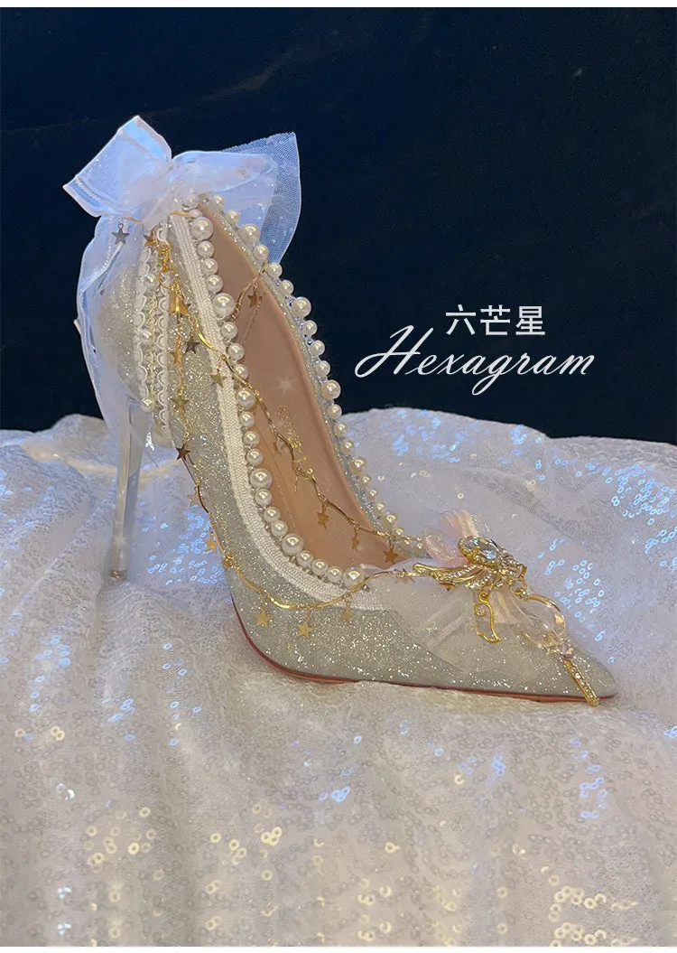 Hexagram~Pointed Toe Shining Wedding High Thin Lolita  Heels