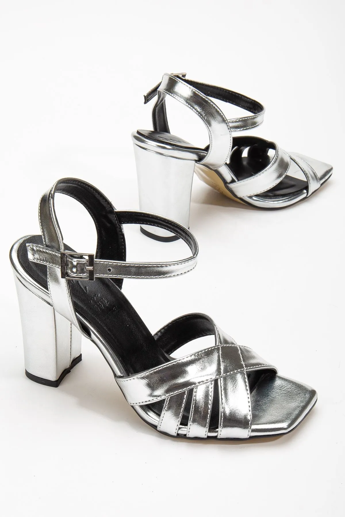 High Heeled Silver Shiny Skin Blunt Toe Women's Shoes