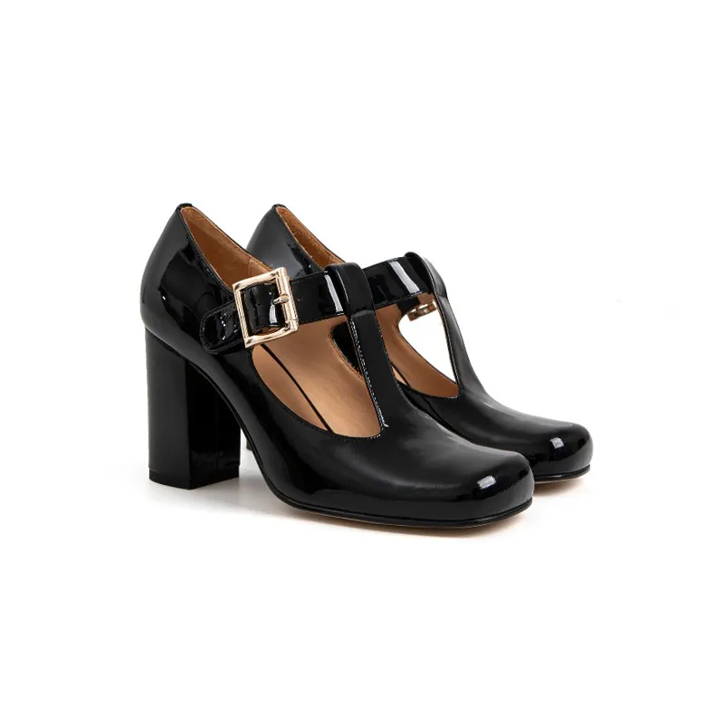 Hilary T-Strap Mary Jane Shoes Square Toe Heels