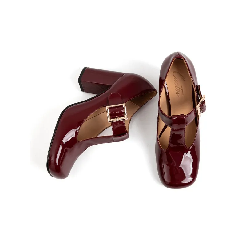 Hilary T-Strap Mary Jane Shoes Square Toe Heels