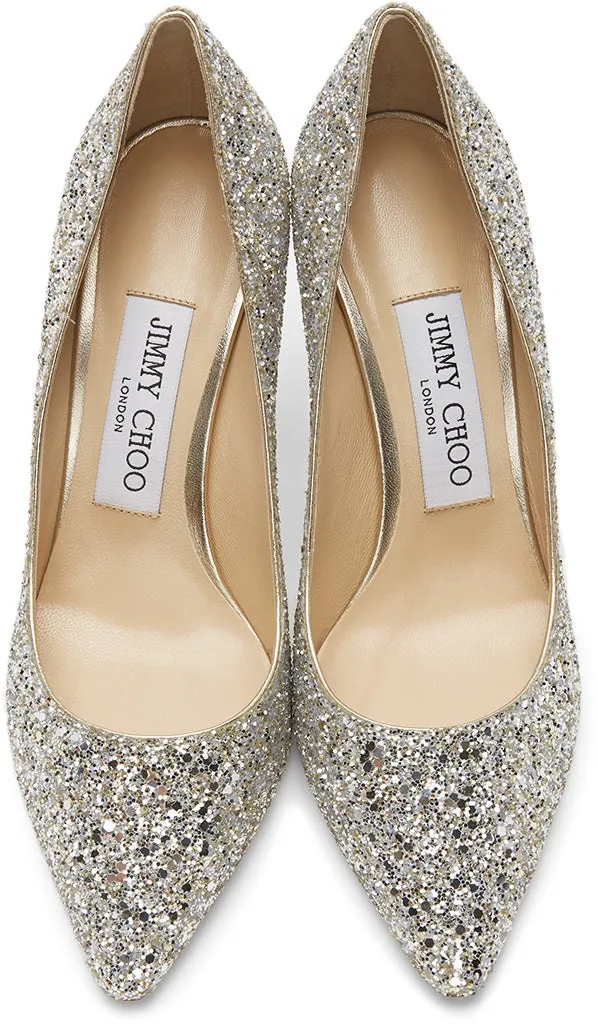 Jimmy Choo Silver Coarse Glitter Romy 85 Heels