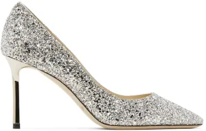 Jimmy Choo Silver Coarse Glitter Romy 85 Heels