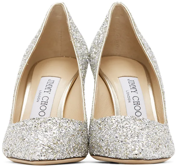 Jimmy Choo Silver Coarse Glitter Romy 85 Heels