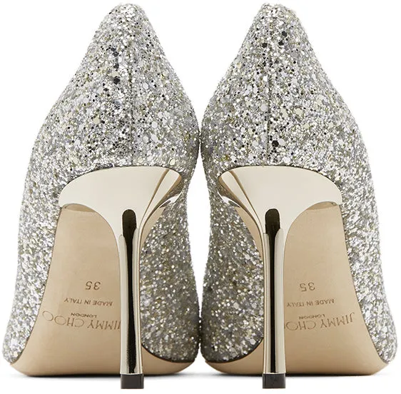 Jimmy Choo Silver Coarse Glitter Romy 85 Heels