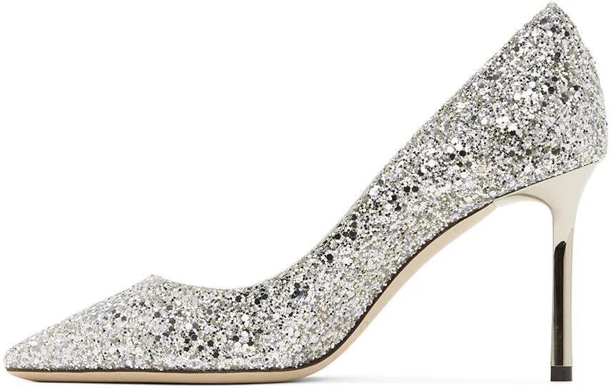 Jimmy Choo Silver Coarse Glitter Romy 85 Heels