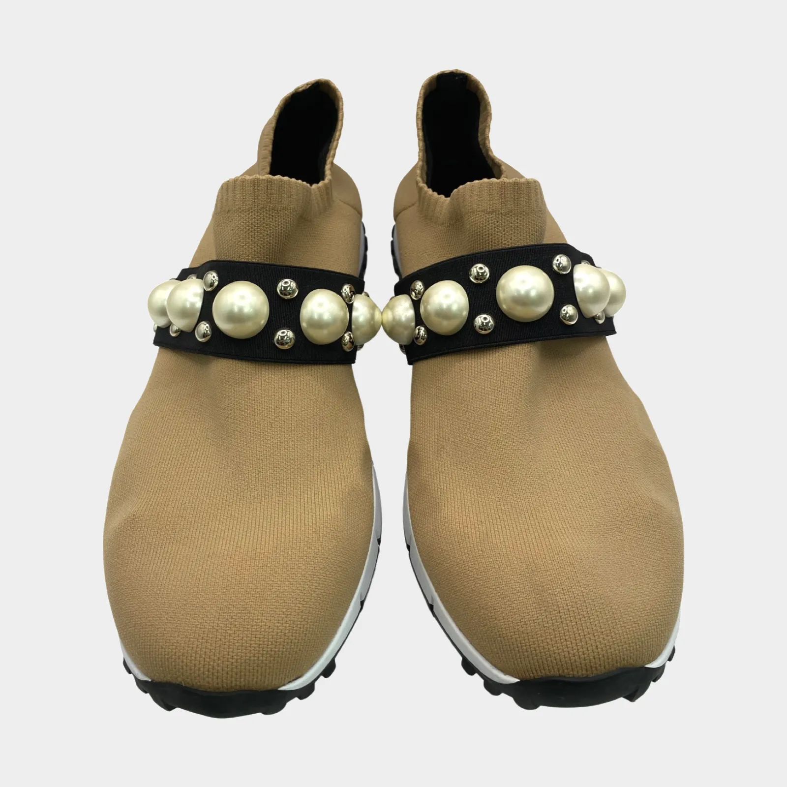 Jimmy Choo women's nude pink knitted laceless sneakers with pearl strap