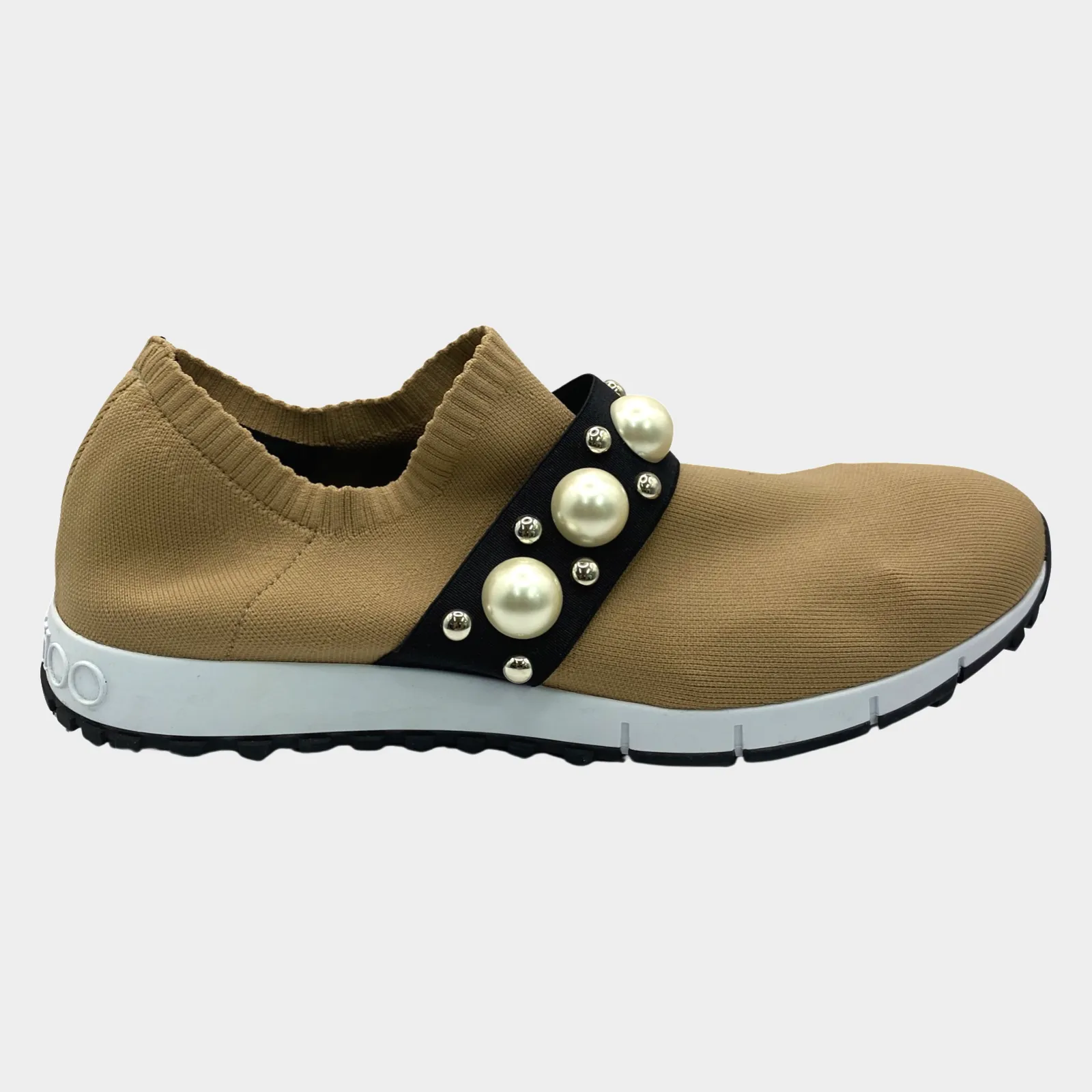 Jimmy Choo women's nude pink knitted laceless sneakers with pearl strap