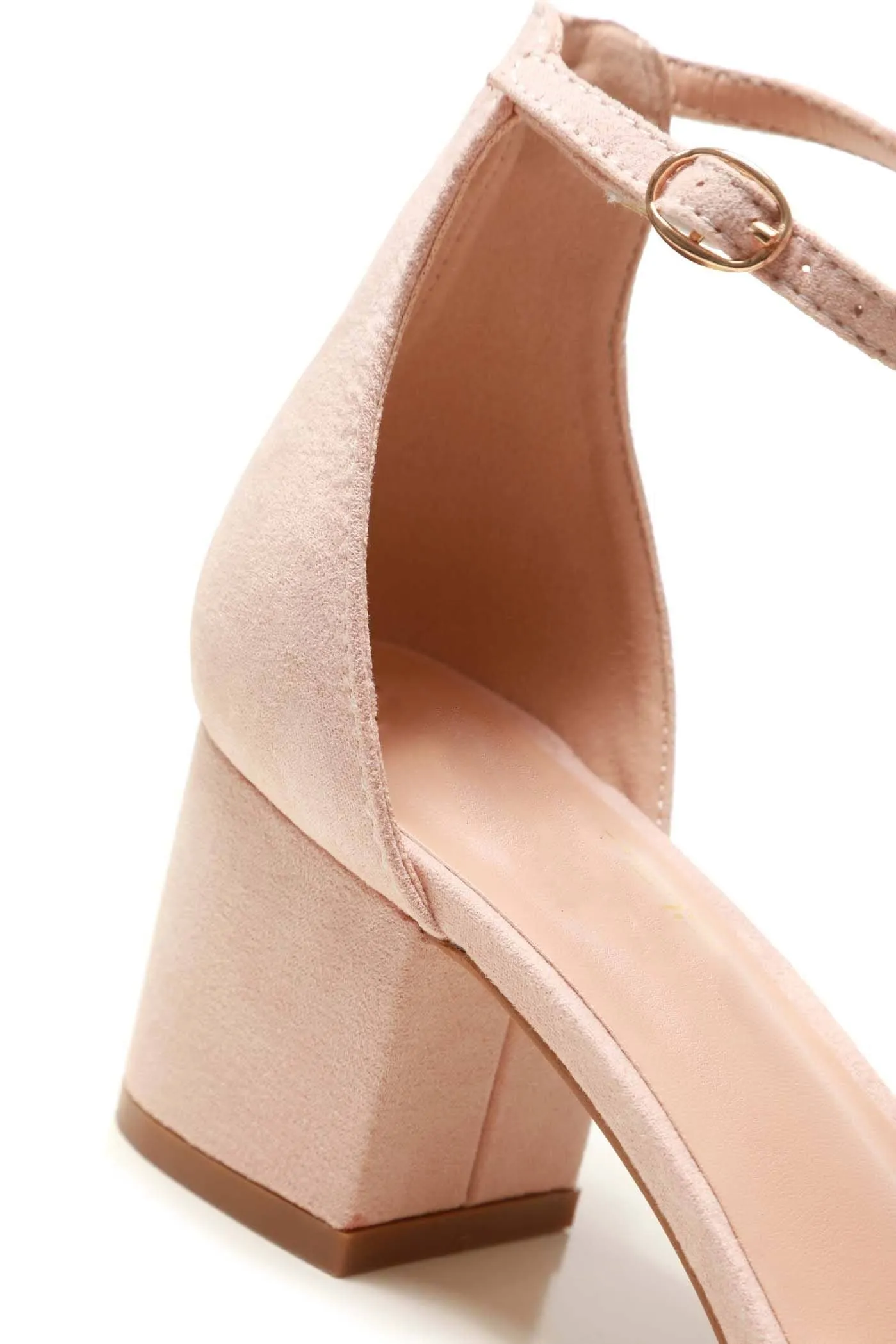 Karley Barely There Ankle Strap Block Heel Sandal in Nude Suede