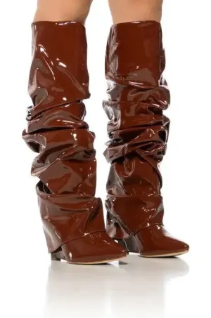 Knee High Boots Women Patchwork Stiletto Pleated Wedge Heels