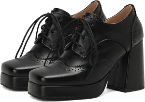 KysBloes Women Platform Oxford Shoes Chunky High Heel Pumps Vintage Wingtip Oxford Shoes Square Toe Lace Up Booties