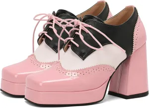 KysBloes Women Platform Oxford Shoes Chunky High Heel Pumps Vintage Wingtip Oxford Shoes Square Toe Lace Up Booties
