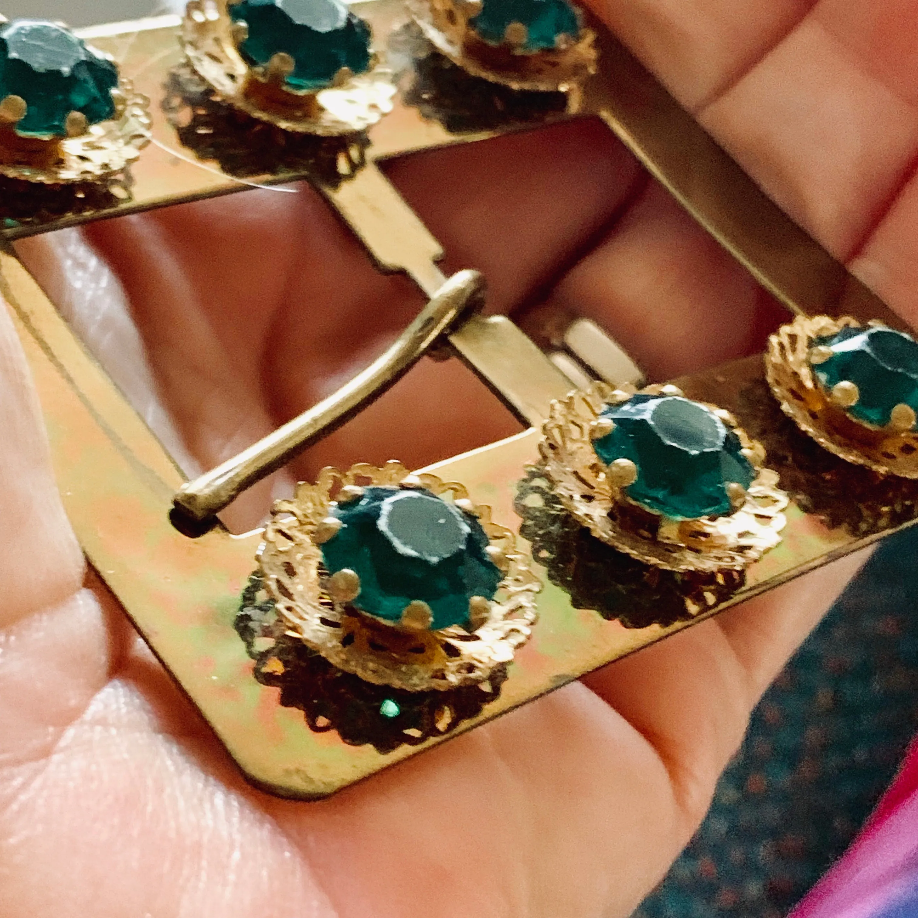 Large Antique Buckle Hat Ornament Brass w Emerald  Green Rhinestones 3"