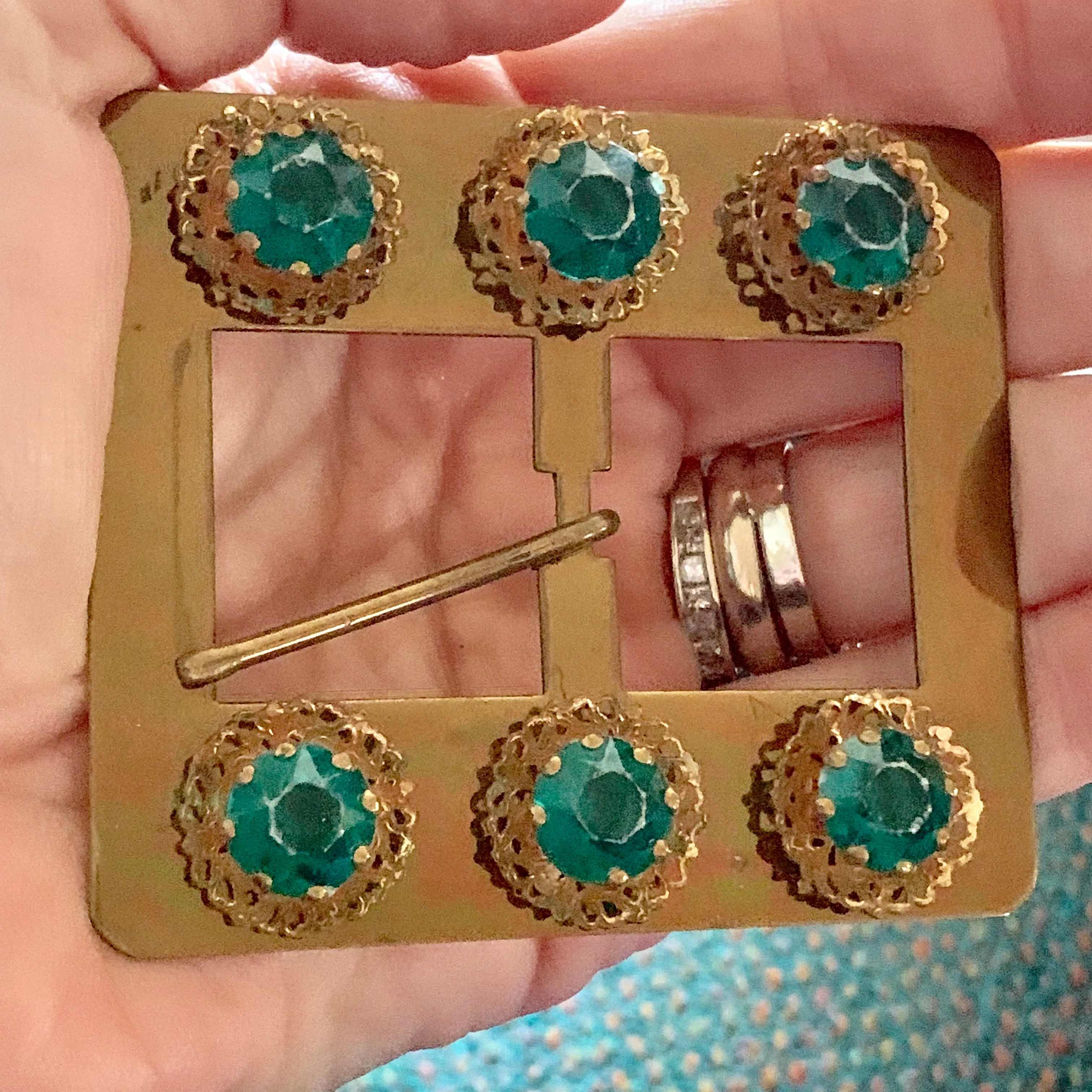 Large Antique Buckle Hat Ornament Brass w Emerald  Green Rhinestones 3"