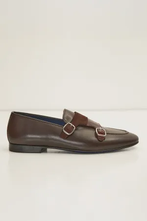 Leather Double Monk Strap Shoes - Brown