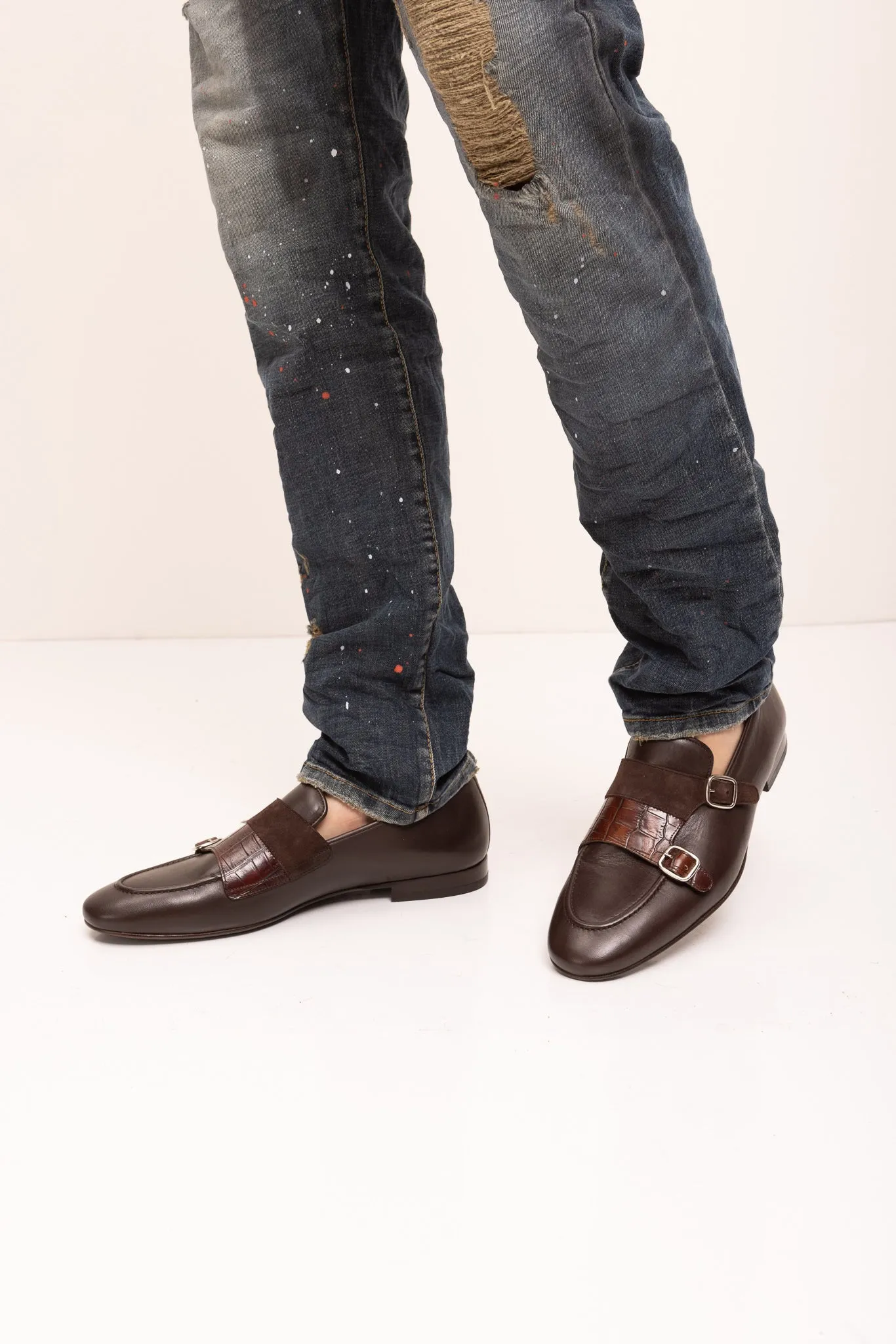 Leather Double Monk Strap Shoes - Brown
