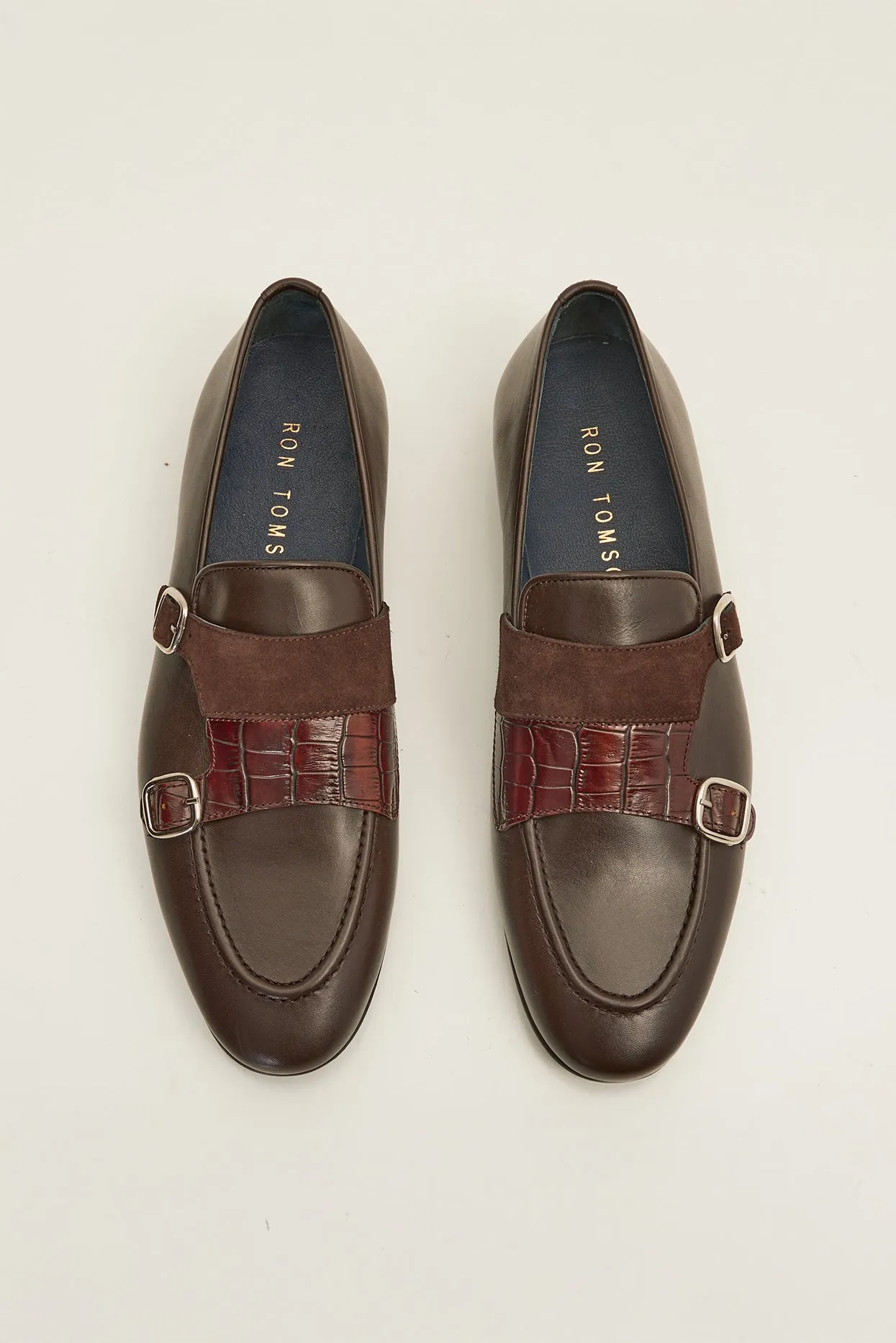 Leather Double Monk Strap Shoes - Brown