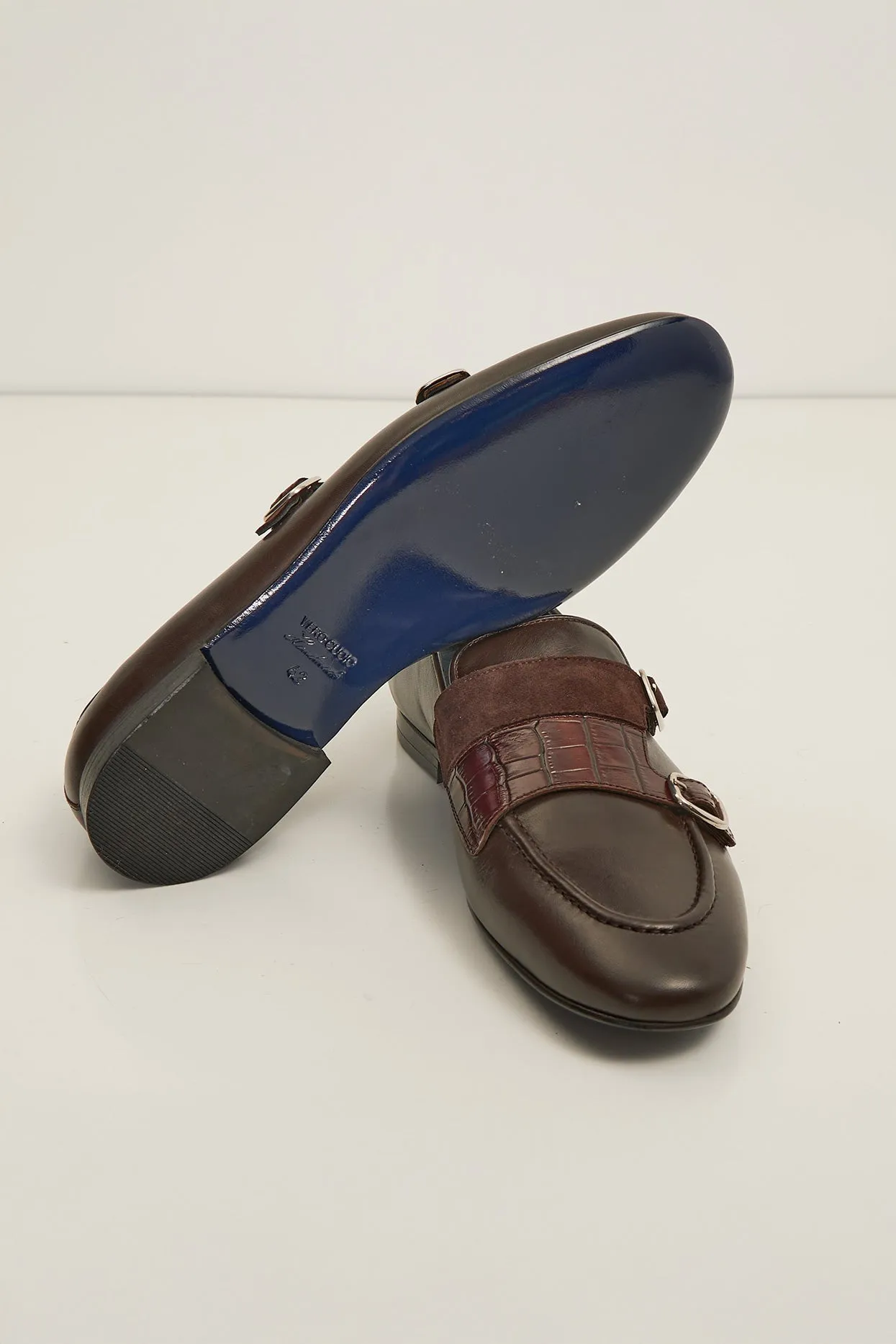 Leather Double Monk Strap Shoes - Brown