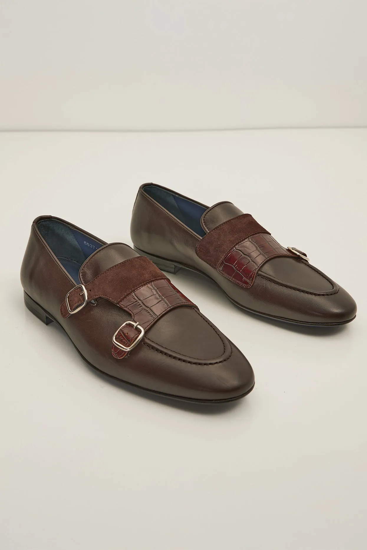 Leather Double Monk Strap Shoes - Brown