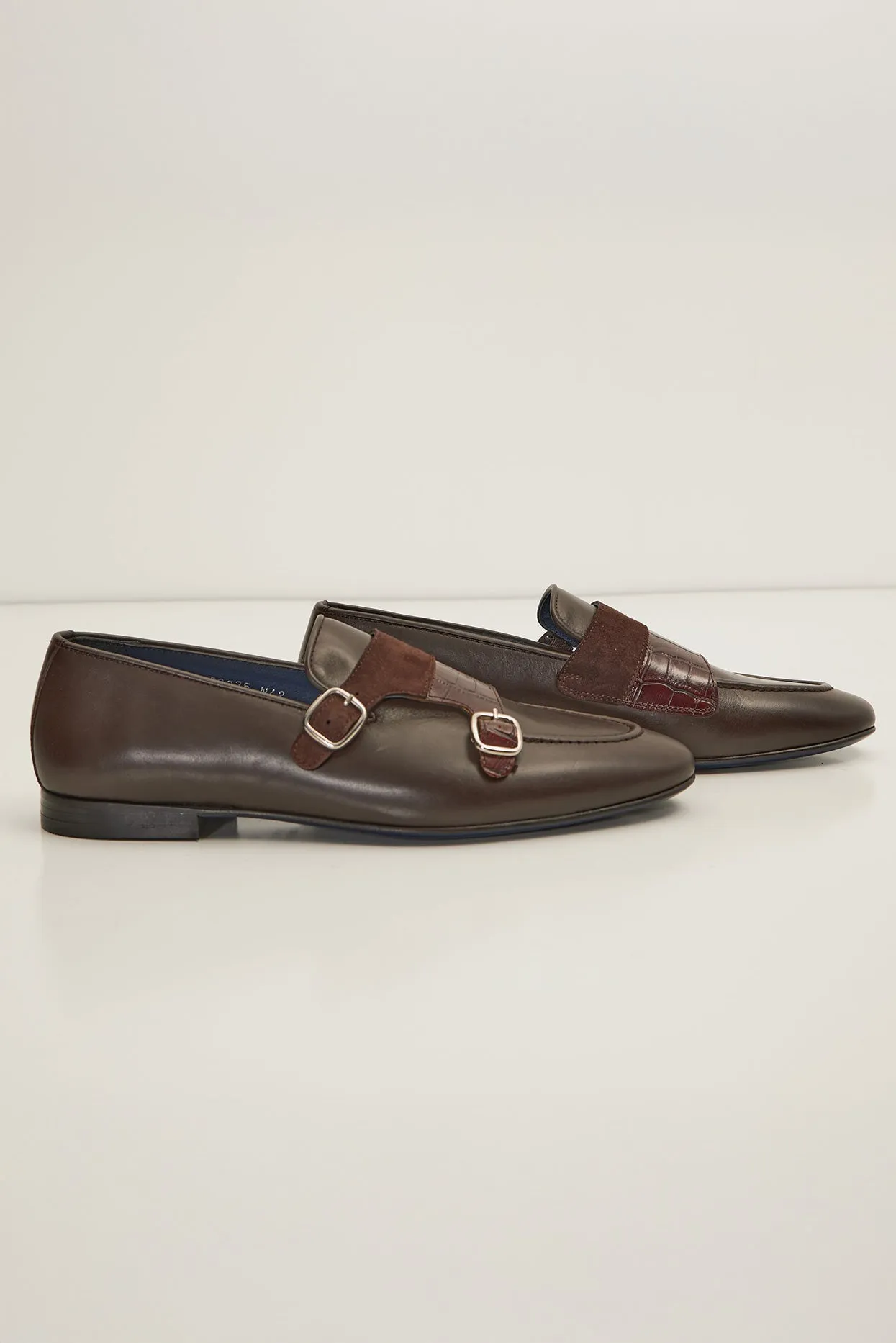 Leather Double Monk Strap Shoes - Brown