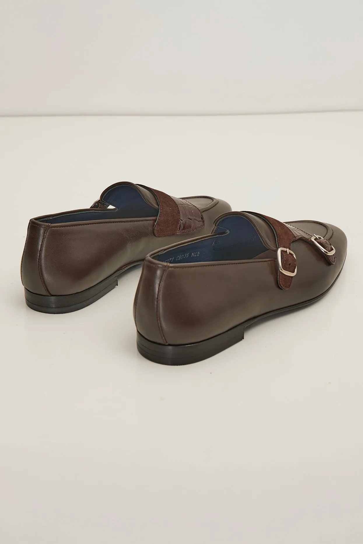 Leather Double Monk Strap Shoes - Brown