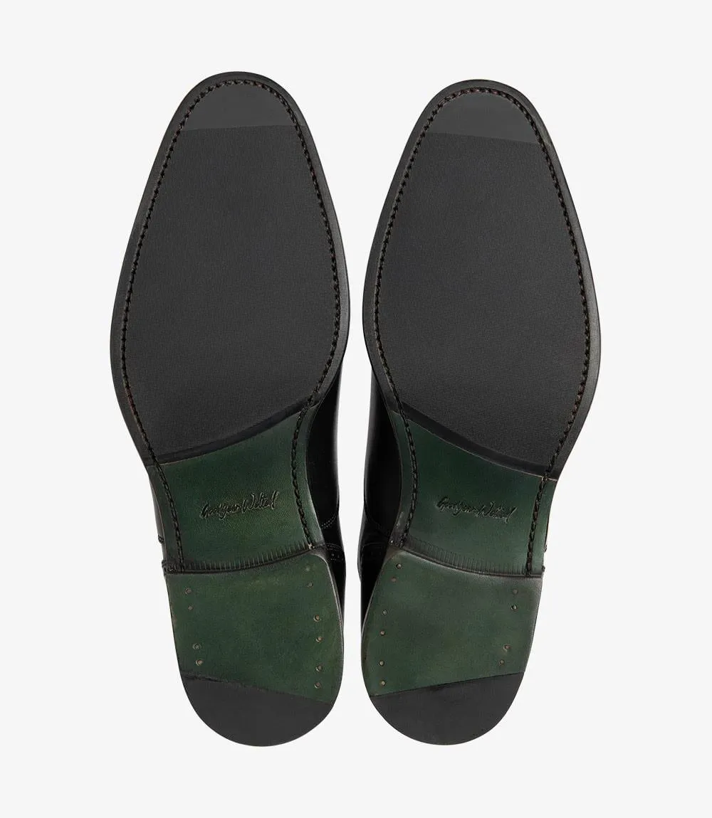 LOAKE HUGHES BLACK OXFORD SEMI BROGUE LEATHER/RUBBER SOLE F-MEDIUM
