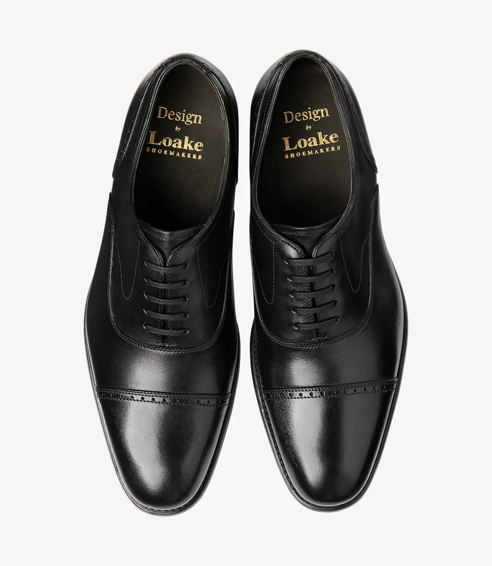 LOAKE HUGHES BLACK OXFORD SEMI BROGUE LEATHER/RUBBER SOLE F-MEDIUM