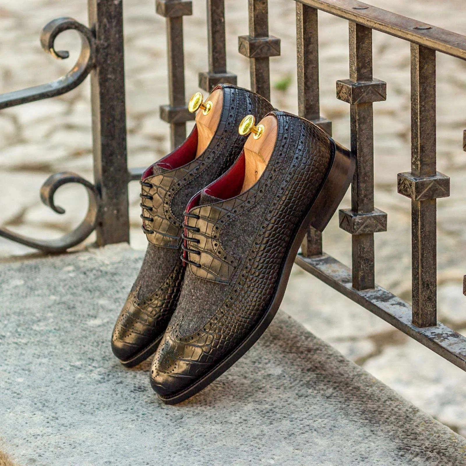 Longwing Blucher-Flannel, Painted Croco, Grey, Black-Wholesale