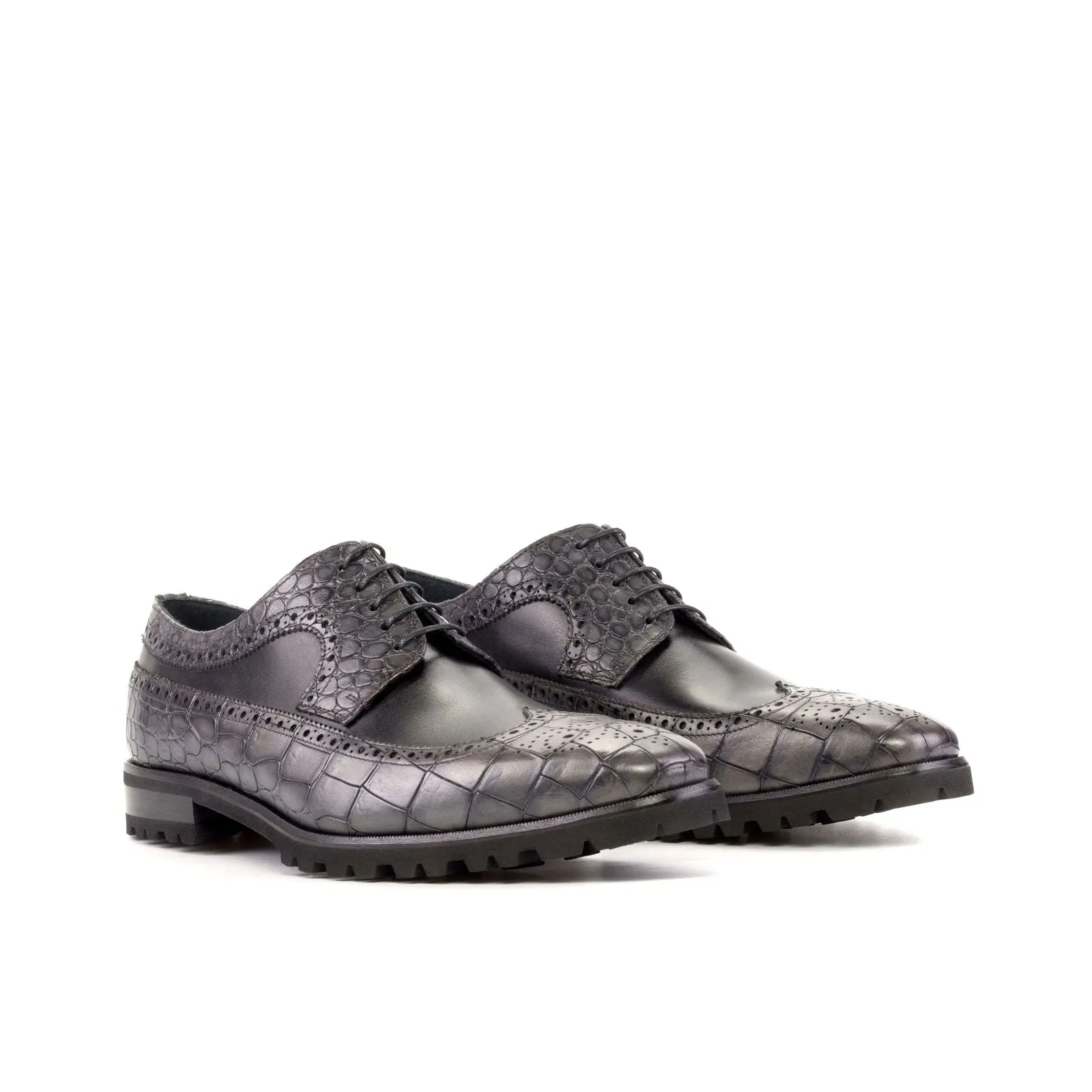 Longwing Blucher-Painted Croco, Box Calf, Grey, Black-Wholesale