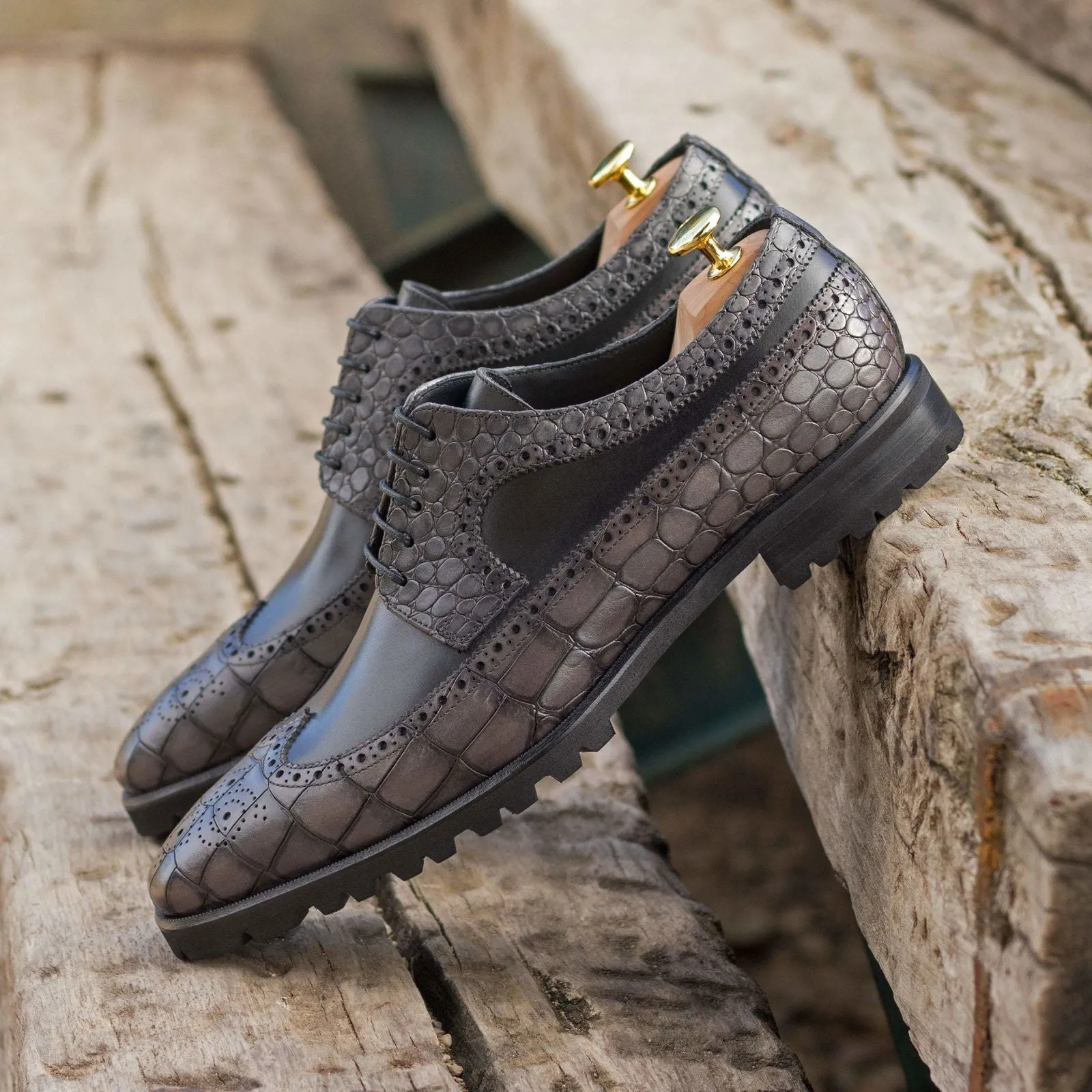 Longwing Blucher-Painted Croco, Box Calf, Grey, Black-Wholesale