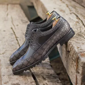 Longwing Blucher-Painted Croco, Box Calf, Grey, Black-Wholesale