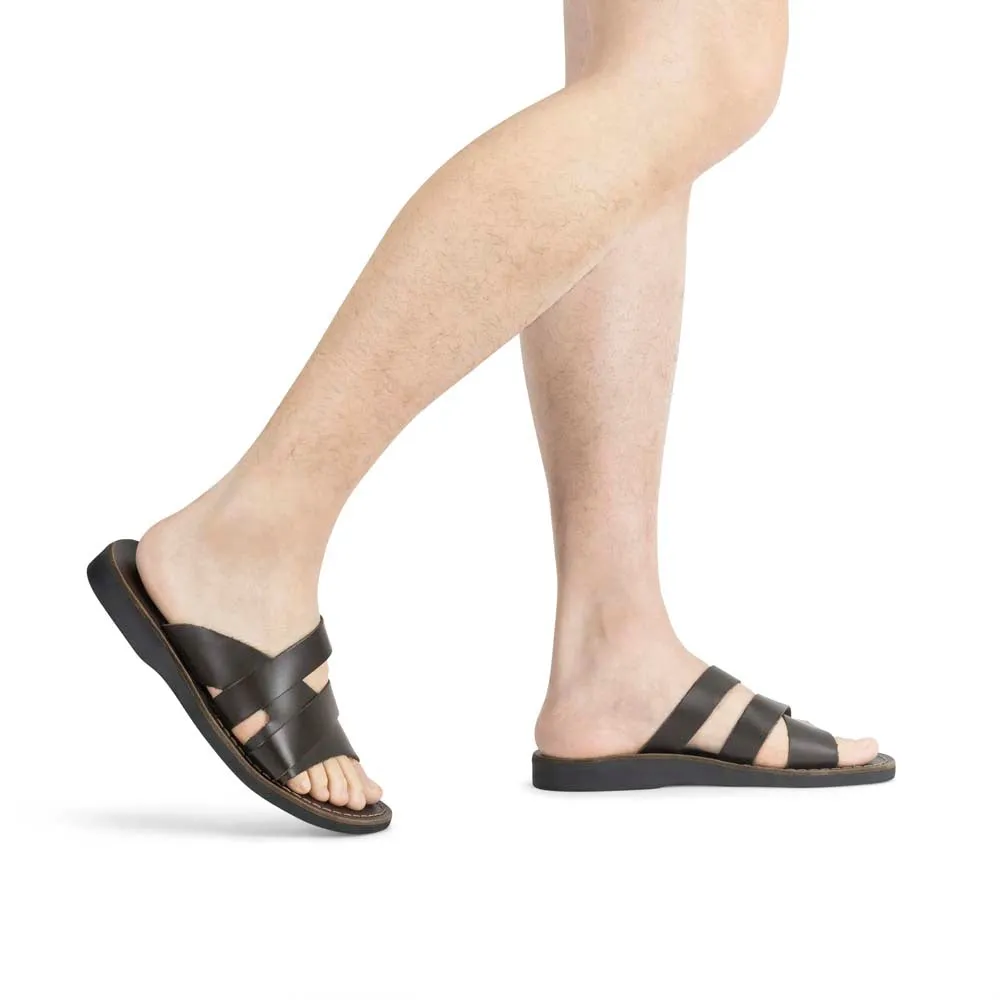 Lucas - Leather Open Toe Slide Sandal | Brown