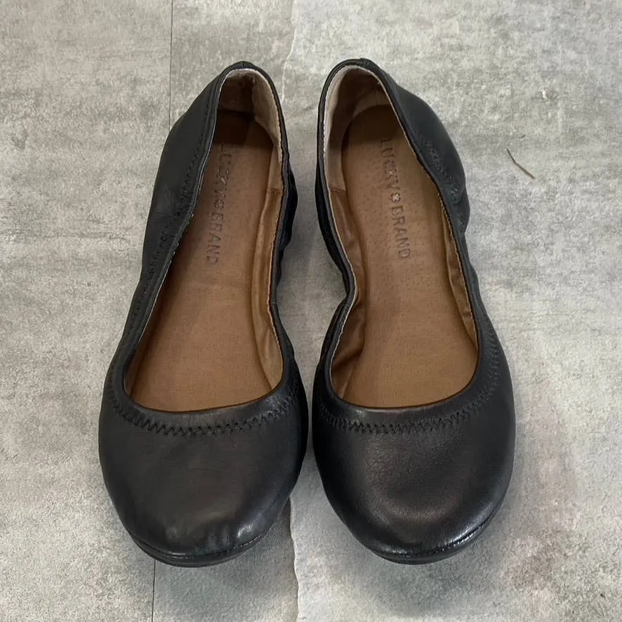 LUCKY BRAND Women's Black Leather Emmie Round-Toe Slip-On Ballet Flats SZ 6.5