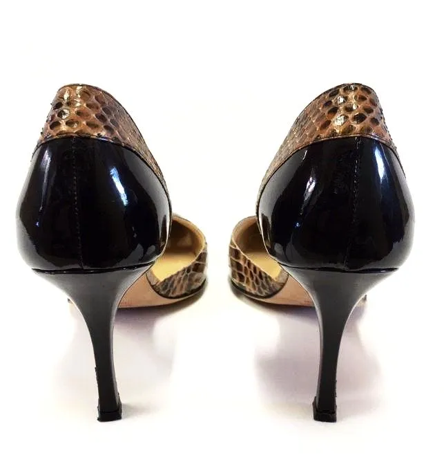 MANOLO BLAHNIK PATENT LEATHER/PYTHON D'ORSAY PUMPS SIZE 37 1/2