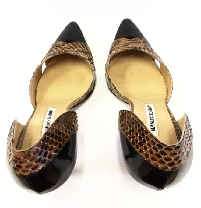 MANOLO BLAHNIK PATENT LEATHER/PYTHON D'ORSAY PUMPS SIZE 37 1/2