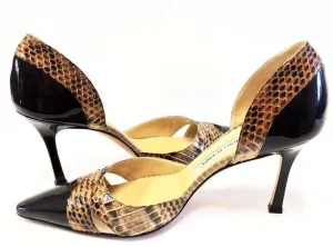 MANOLO BLAHNIK PATENT LEATHER/PYTHON D'ORSAY PUMPS SIZE 37 1/2