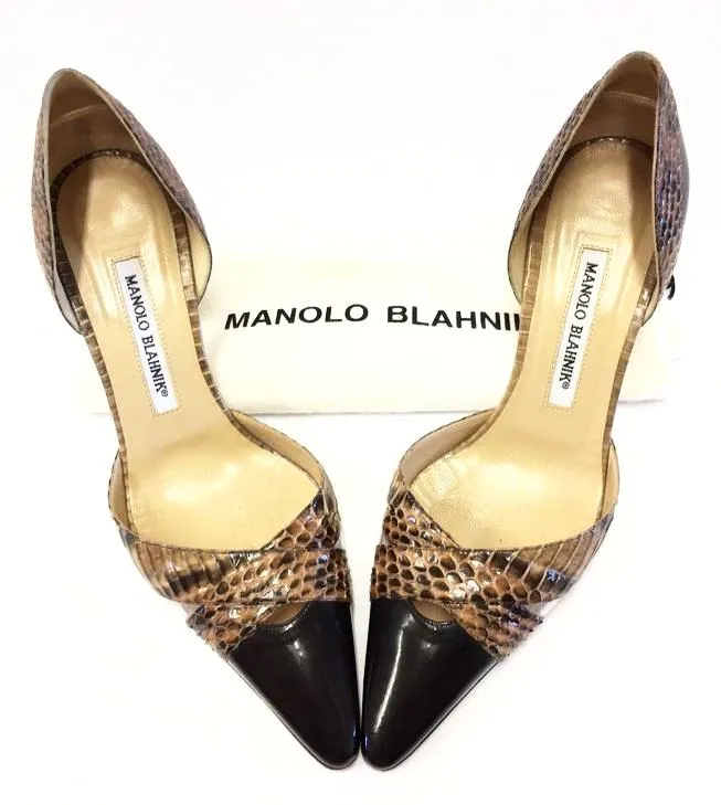 MANOLO BLAHNIK PATENT LEATHER/PYTHON D'ORSAY PUMPS SIZE 37 1/2